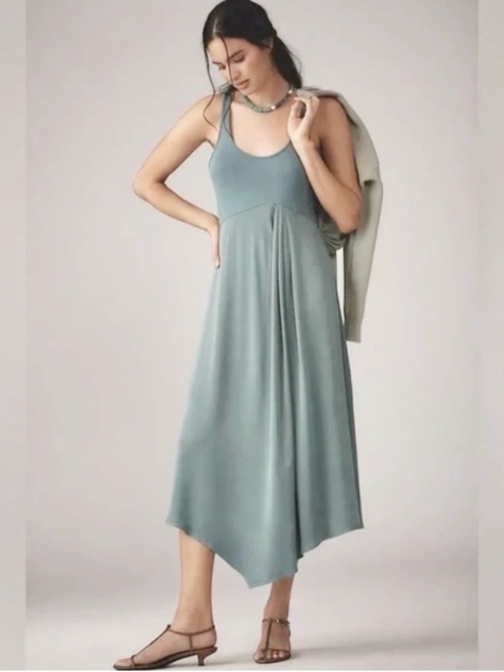 Anthropologie The Gemini Sage Green Midi Dress Knit Satin Asymmetrical Hem S